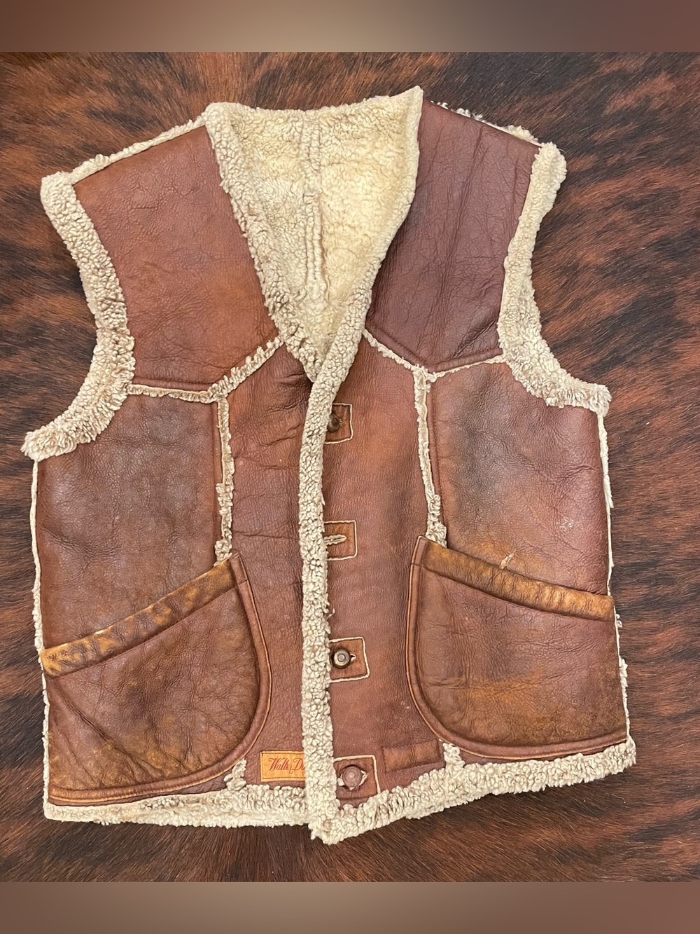 Vintage 70’s Brown Leather and Tan Sheepskin vest with pockets, Walter Davoucci